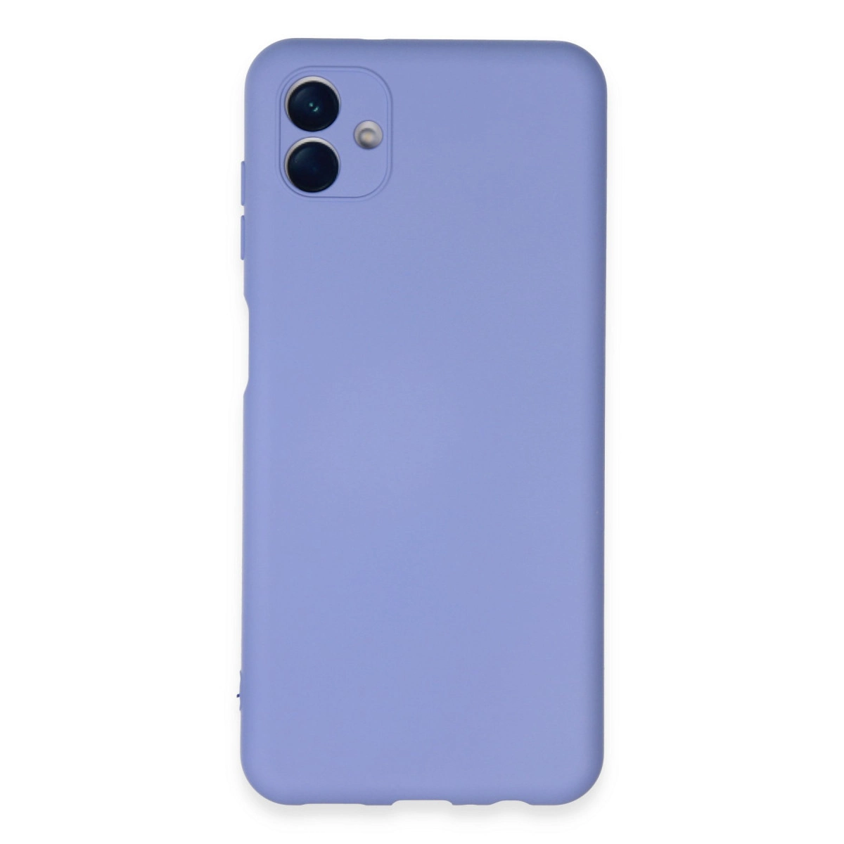 Arkada çift kamera ve flaşlı lavanta rengi telefon kılıfı.