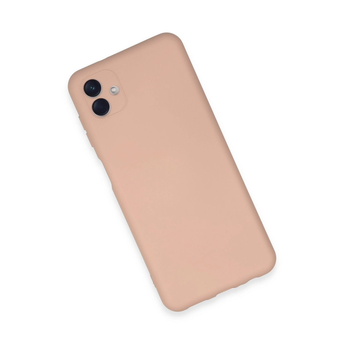 Beyaz arka plan üzerinde iki kamera ve flaşa sahip açık pembe telefon kılıfı.