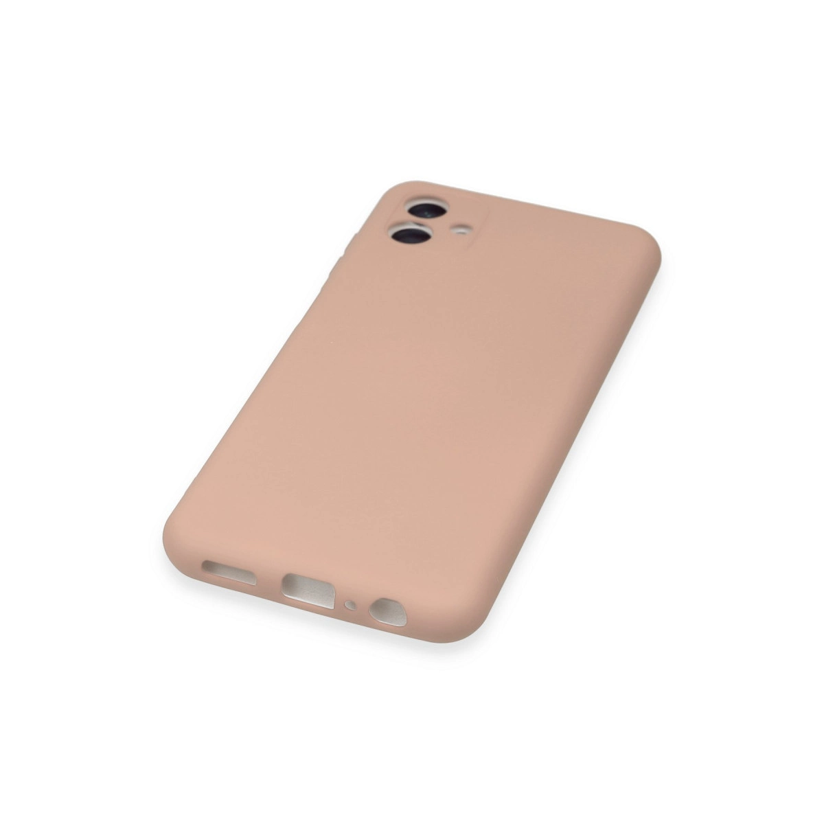 Arkada iki kamera deliği olan şeftali rengi telefon kılıfı.