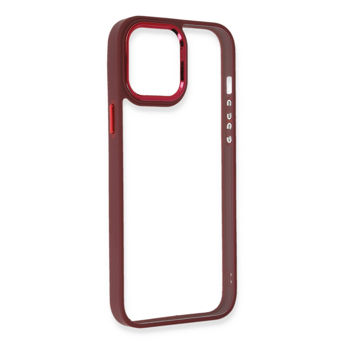 Kamera kesi etrafında parlak kırmızı kenarlı koyu kırmızı telefon kılıfı çerçevesi.
