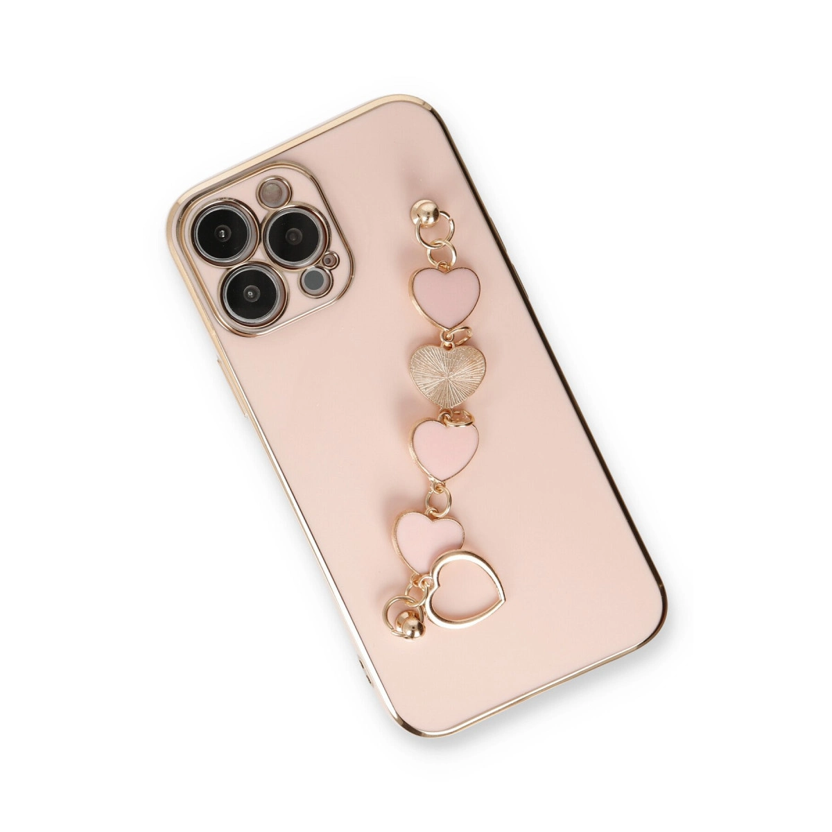 Kalp şeklinde charm ve kalp zinciri olan pembe bir iPhone.