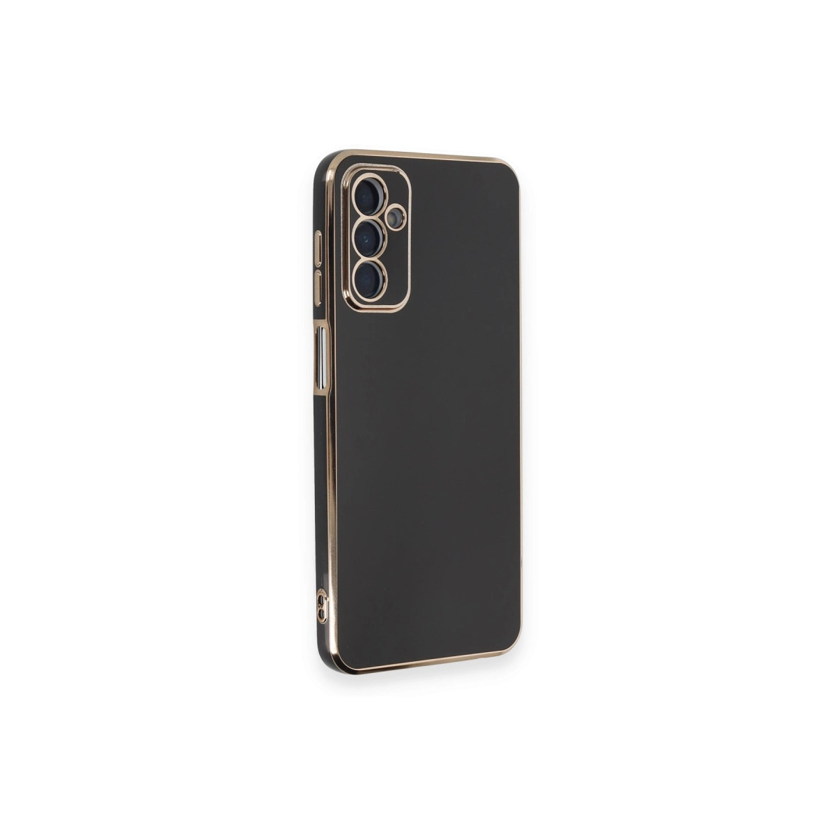 Altın kenarlı ve kamera kesimli siyah telefon kılıfı.