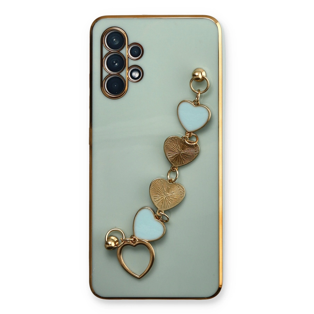 Altın kenarlı, kalp şeklinde charm kolye uçlu açık yeşil telefon kılıfı.