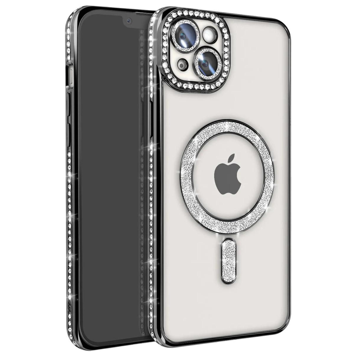 Kamera ve Apple logosu çevresinde parlak vurgulara sahip şeffaf iPhone kılıfı.