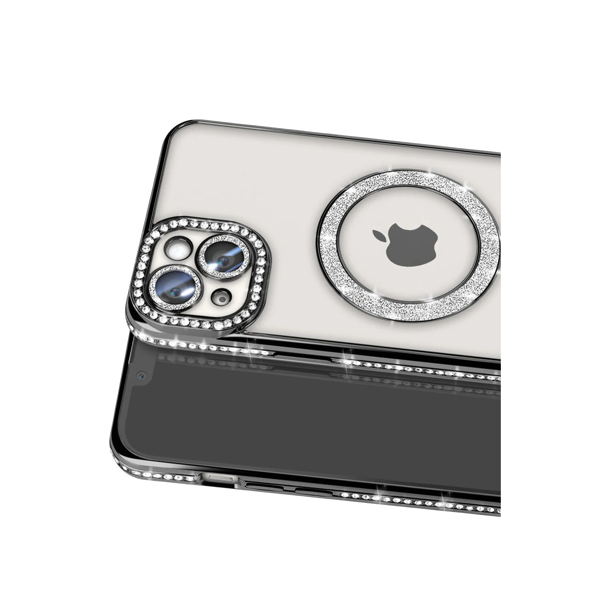 Gümüş ve beyaz süslemeli şeffaf telefon kılıfı. Kameraları ve Apple logosunu gösterir.