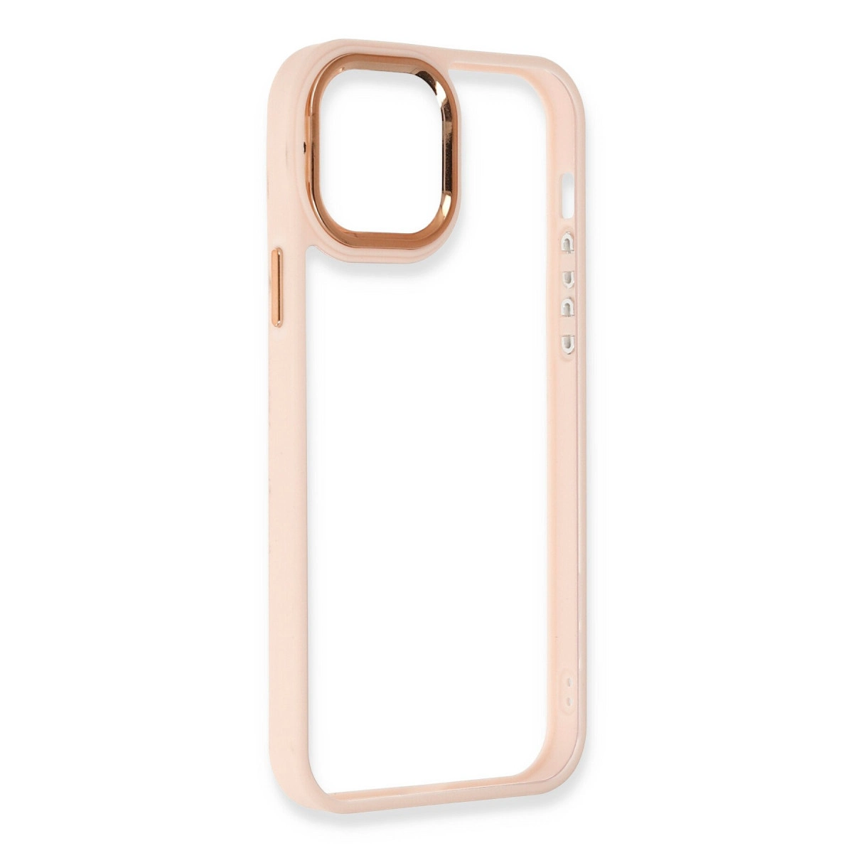 Gül altın rengi kamera çerçeveli, soluk pembe şeffaf iPhone kılıfı.