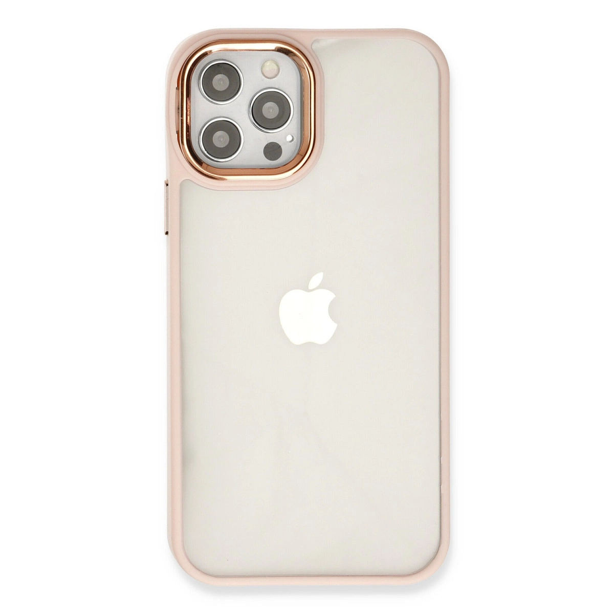 Rose altın çerçeveli ve kamera lensli şeffaf iPhone kılıfı.