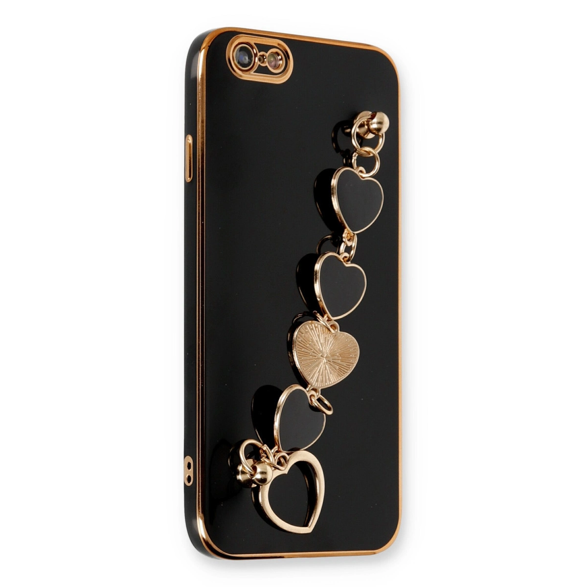 Altın kalp şeklinde charm bileklikli siyah telefon kılıfı.