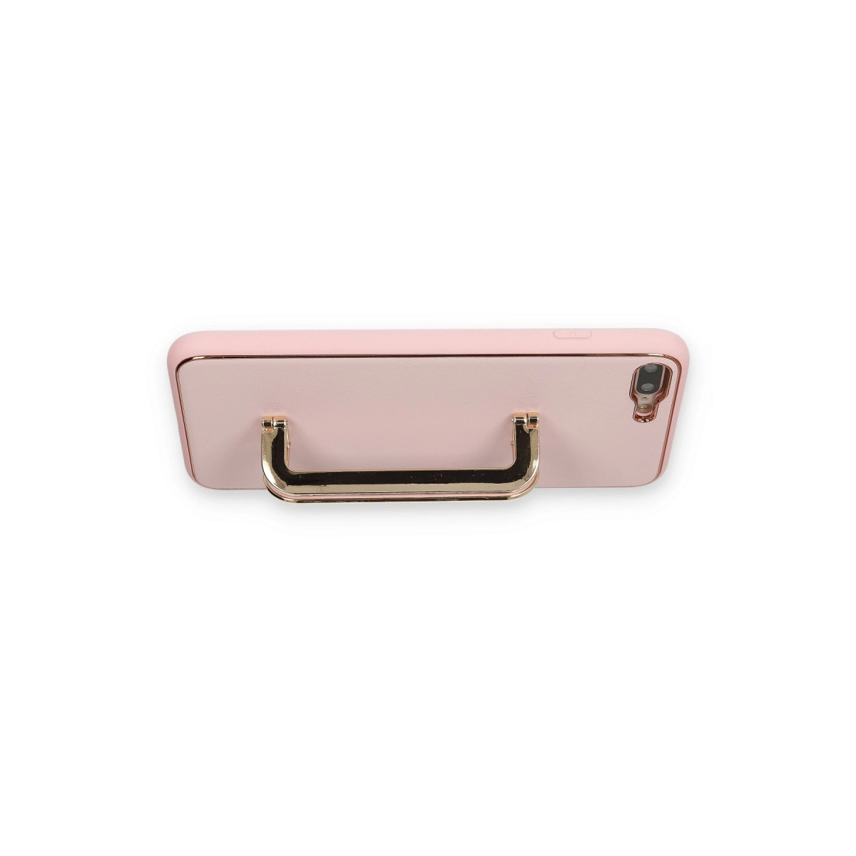 Altın rengi kulplu açık pembe telefon kılıfı, beyaz zeminde.