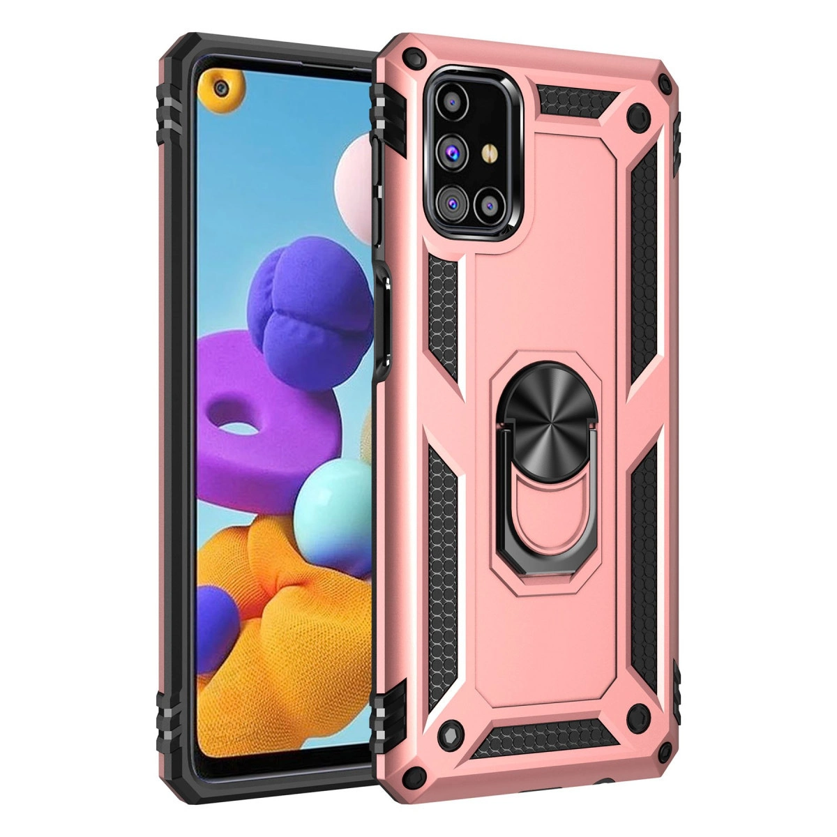 Halka tutuculu ve siyah çerçeveli gül altın rengi telefon kılıfı.