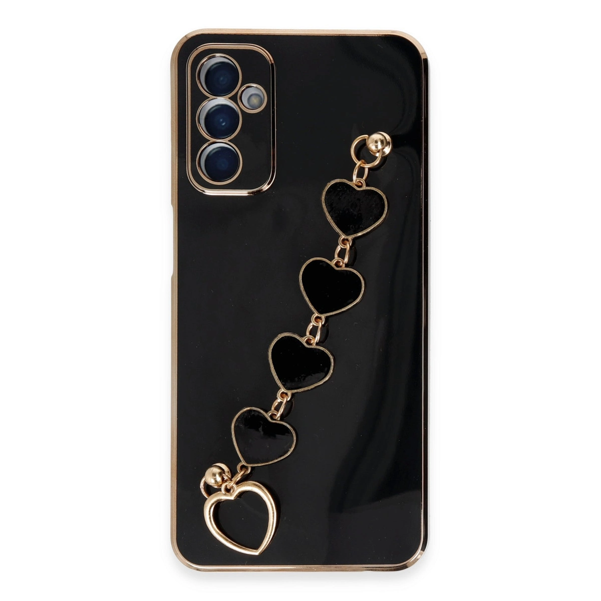 Altın kenarlı siyah telefon kılıfı ve küçük siyah kalp zinciri.