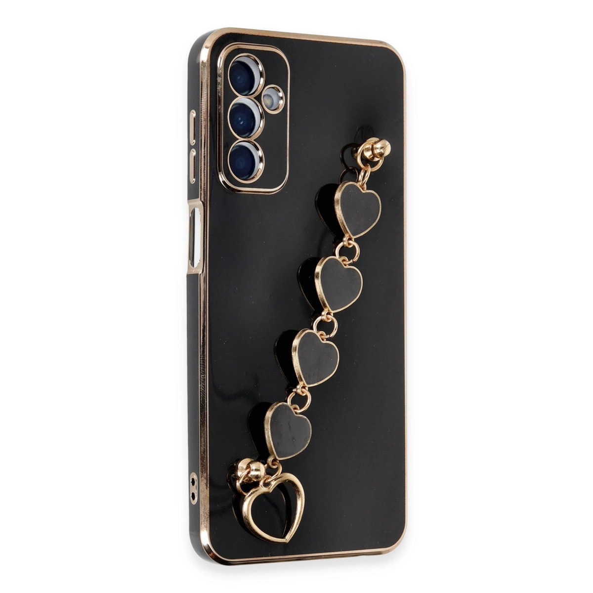 Altın çerçeveli siyah telefon kılıfı ve küçük siyah kalp zinciri.