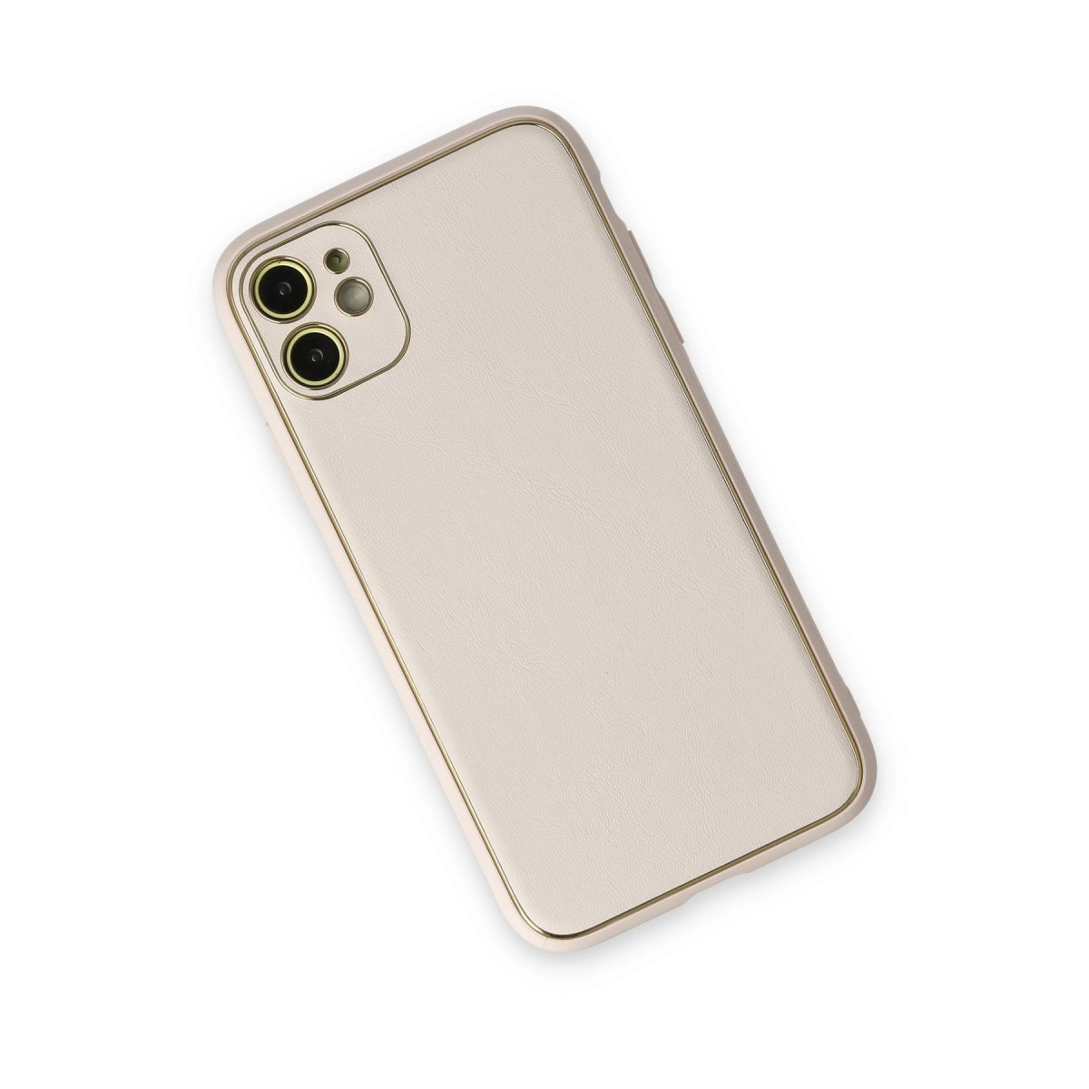 Altın kenarlı, iki kameralı bej telefon kılıfı.