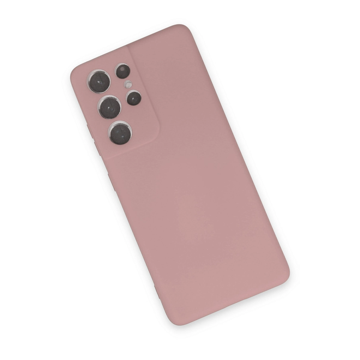 Arkada dikdörtgen kamera modülüne sahip tozlu gül rengi telefon kılıfı.
