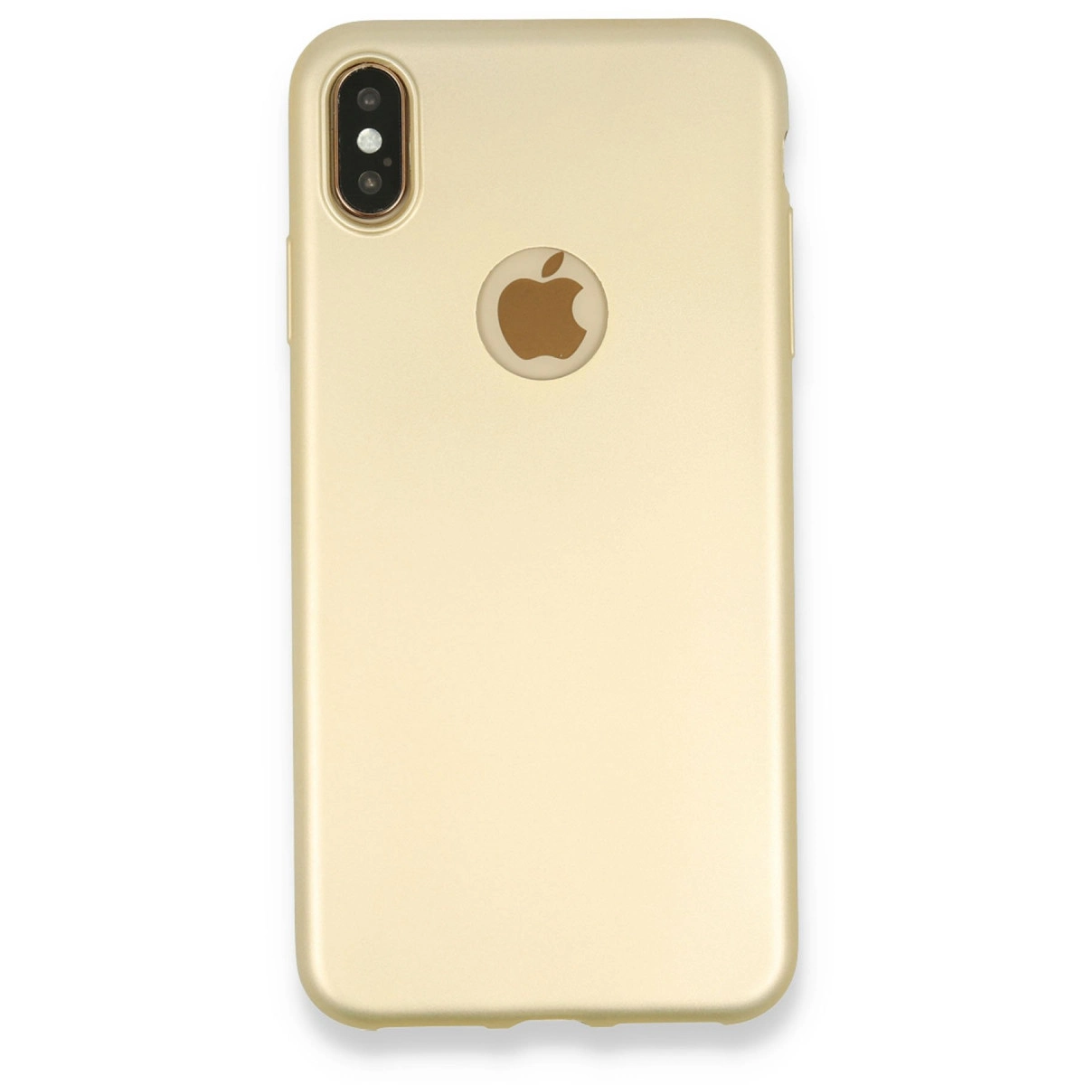 Altın rengi Apple logolu ve kamera kesimli telefon kılıfı.