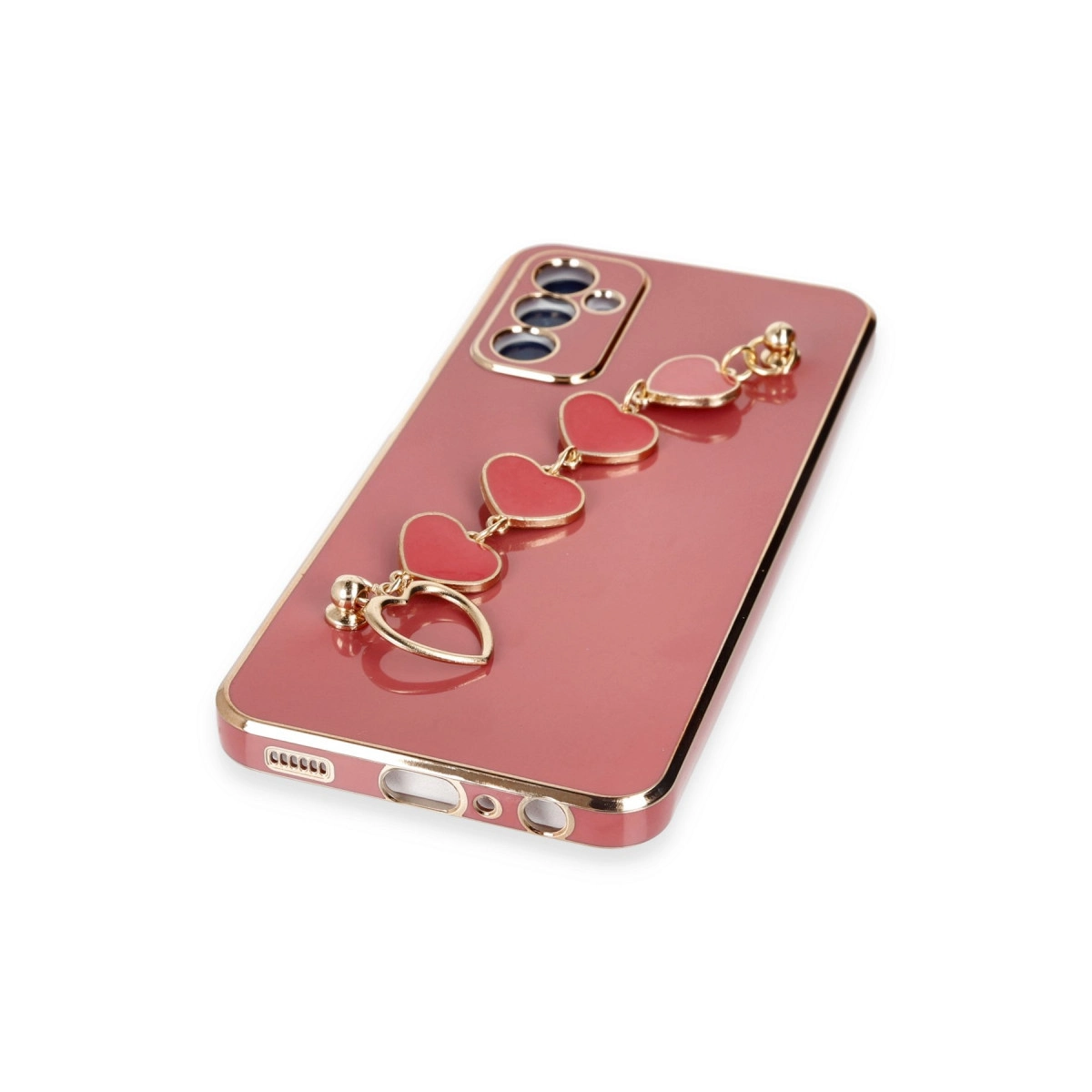 Kalp charm zincirli ve altın kenarlı pembe telefon kılıfı.