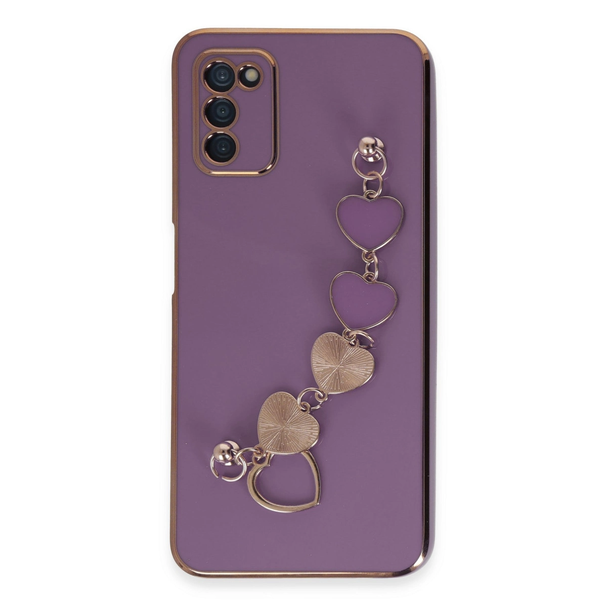 Kalp figürlü ve kamera kesimli mor telefon kılıfı.