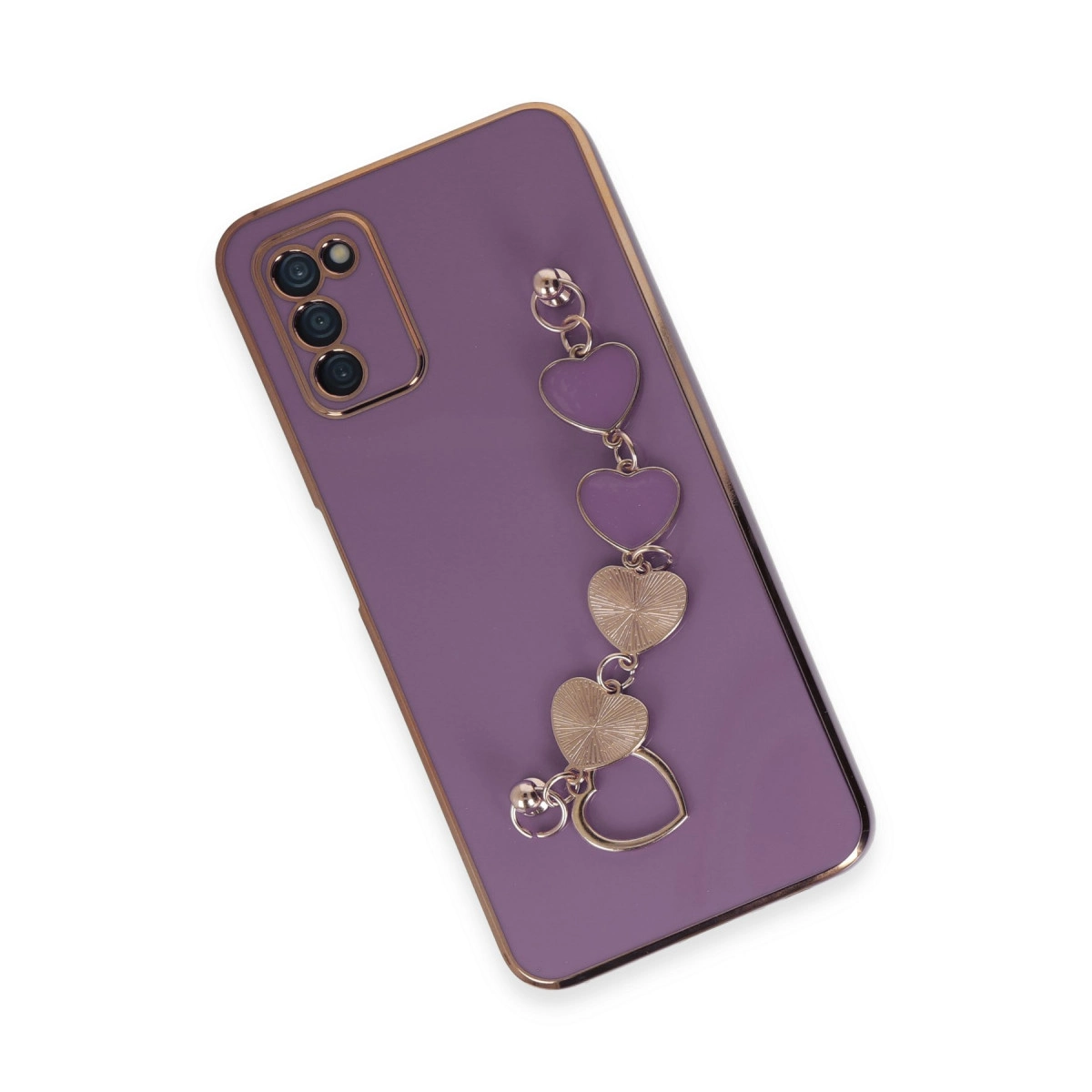 Kalp figürlü ve altın kenarlı mor telefon kılıfı.