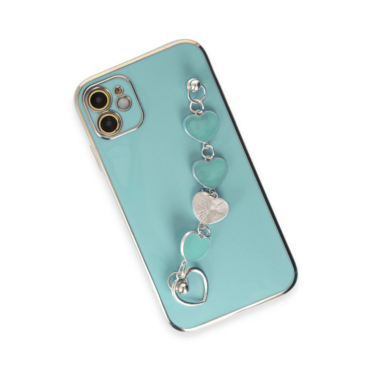 Kalp charm zincirli turkuaz telefon kılıfı.