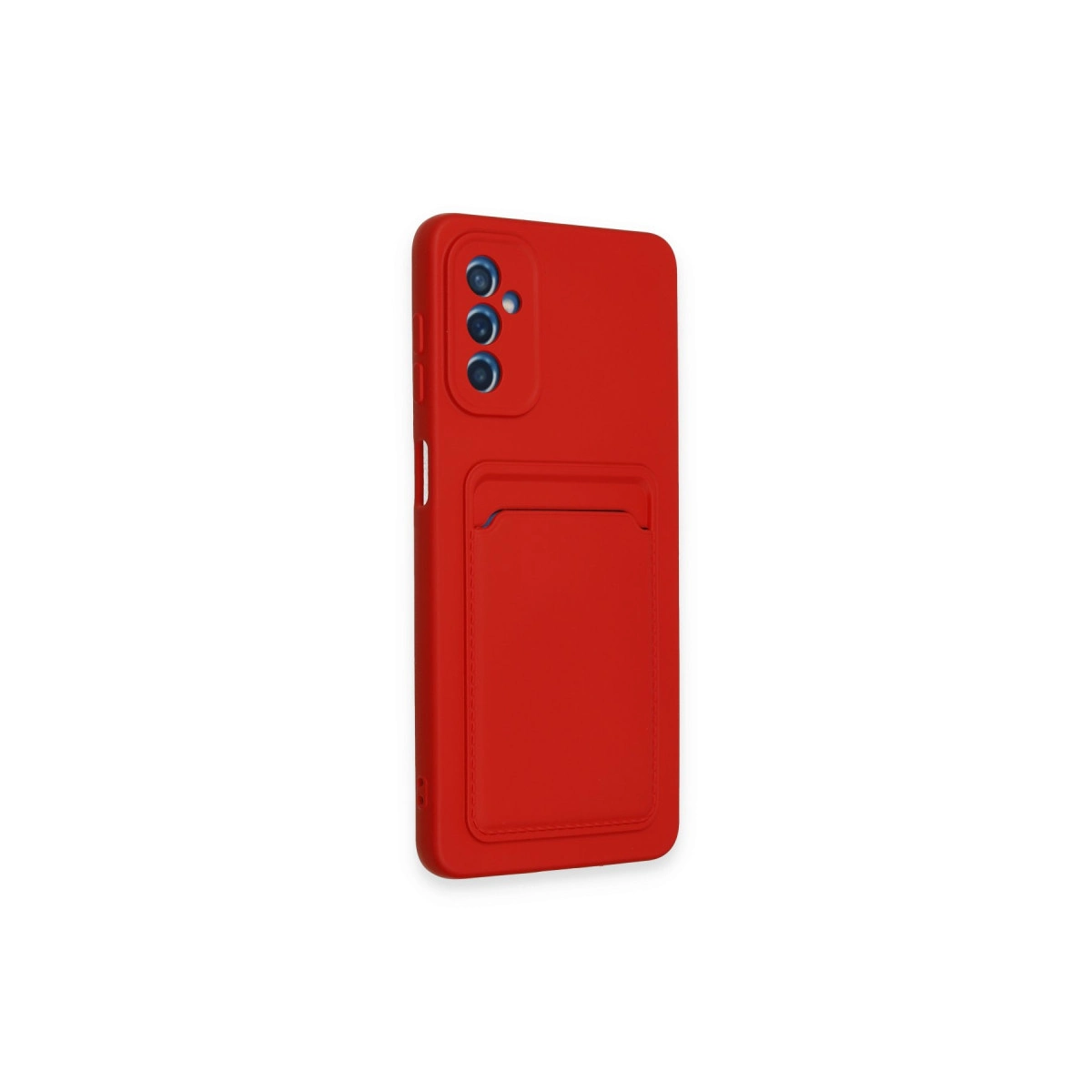 Kırmızı telefon kılıfı, kart yuvası ve arkada üç kamera lensi.