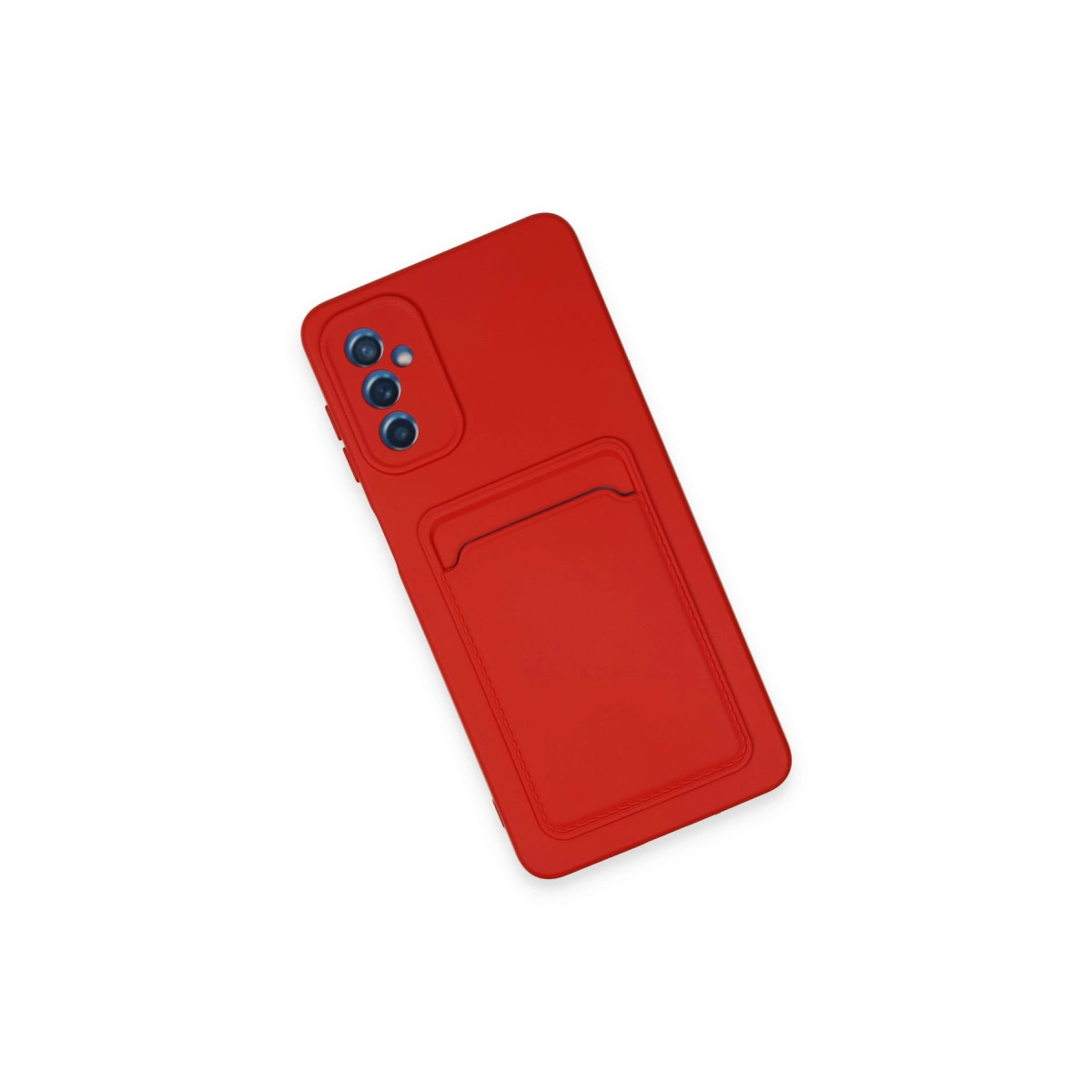 Kart yuvalı ve üç kamera lensli kırmızı telefon kılıfı.