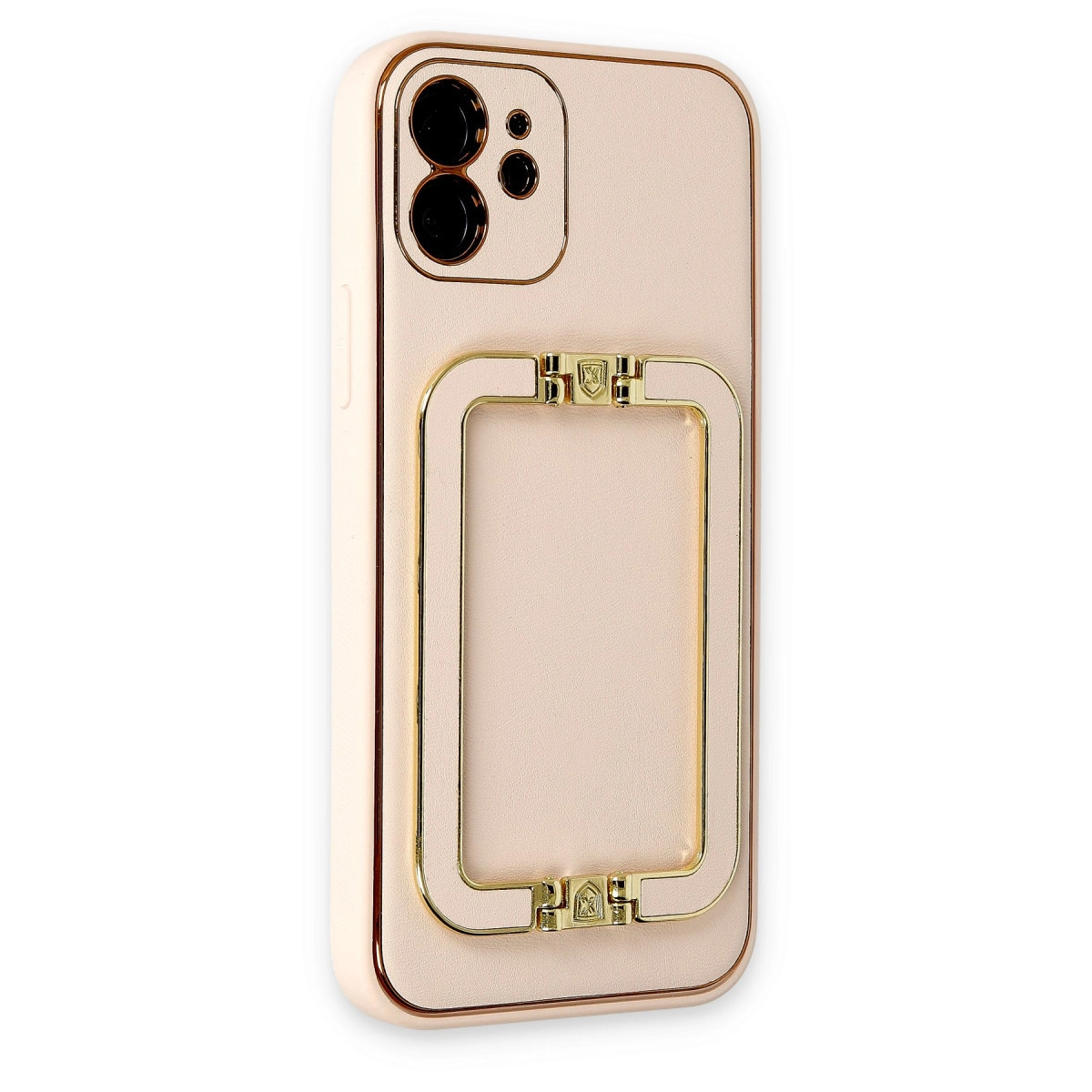 Kamera ve altın rengi kulplu açık pembe iPhone kılıfı.