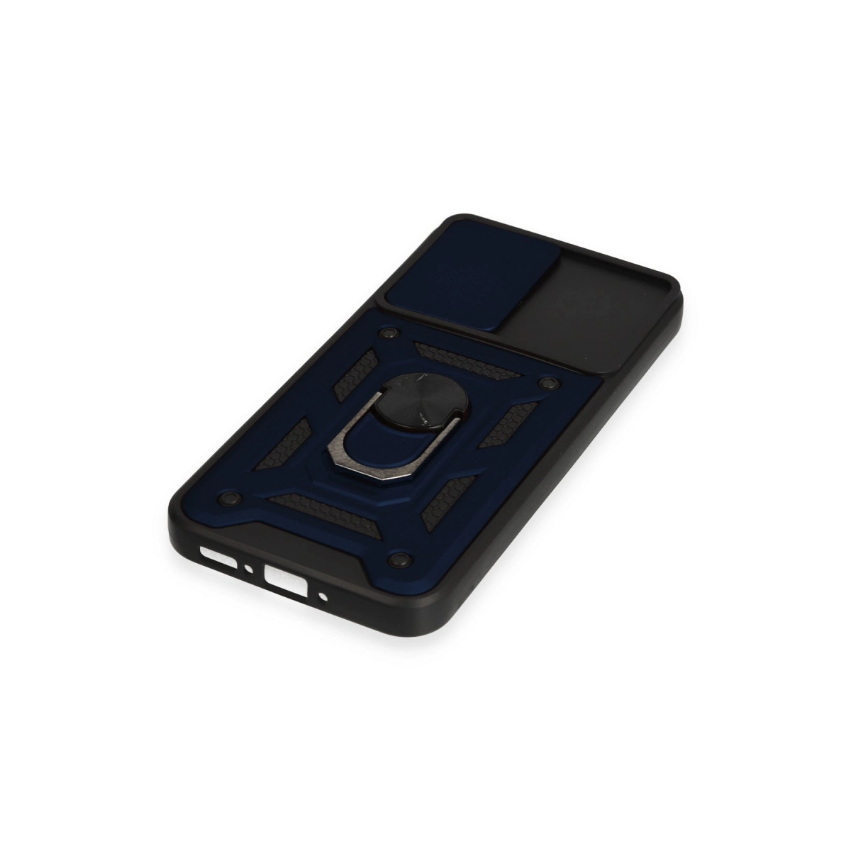 Siyah halka tutuculu ve kayar kamera kapaklı koyu mavi telefon kılıfı.