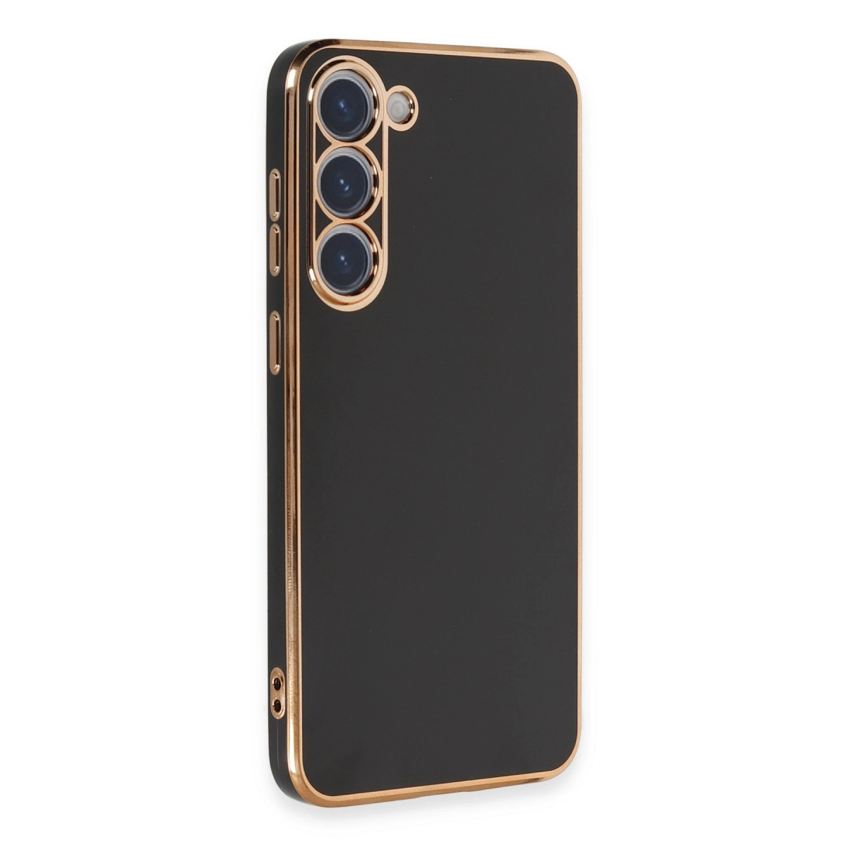 Üç kameralı, altın kenarlı siyah telefon kılıfı.