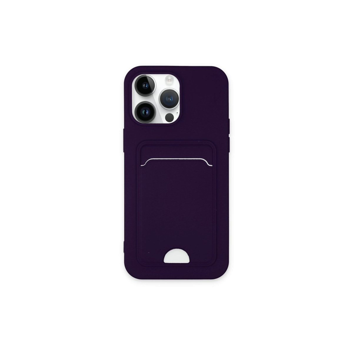 Koyu mor telefon kılıfı kart yuvalı ve kamera açıklıklı.