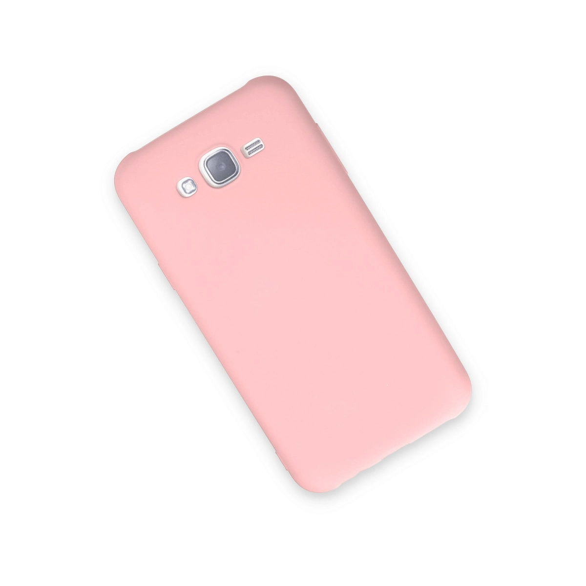 Yumuşak, pastel pembe telefon kılıfı beyaz zeminde.