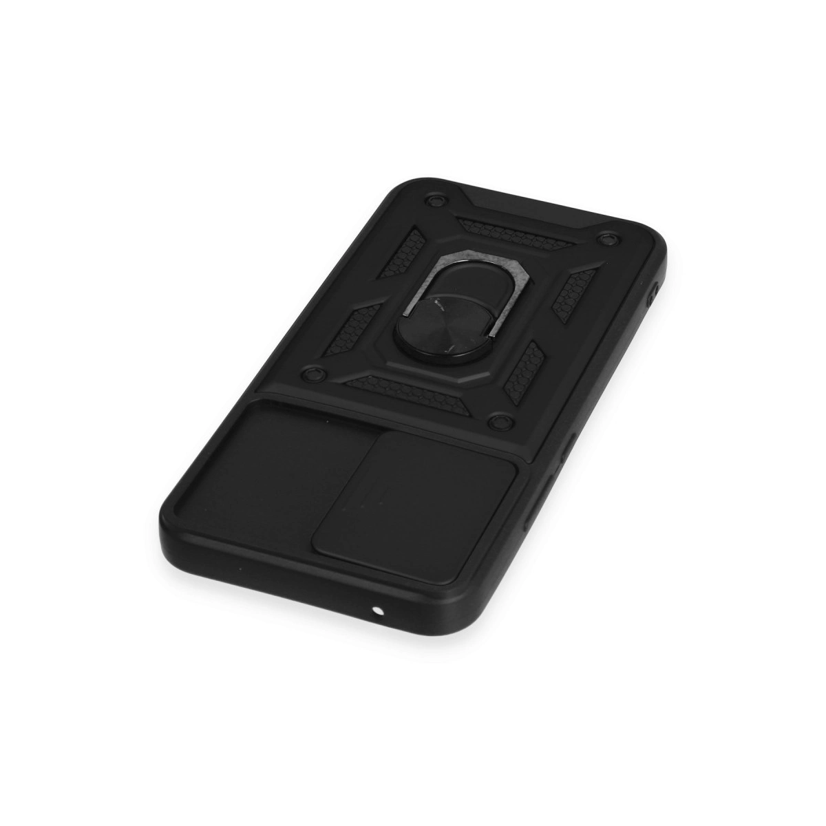 Halka tutuculu ve kayar bölmeli siyah telefon kılıfı.