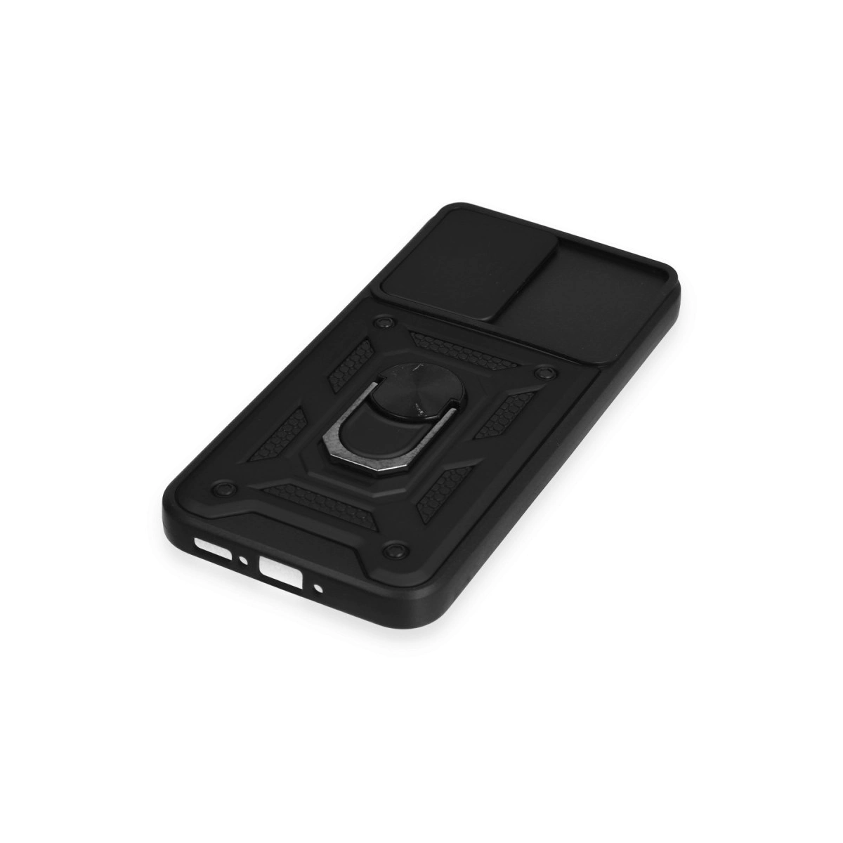 Halka tutuculu ve kayar kapaklı siyah telefon kılıfı.