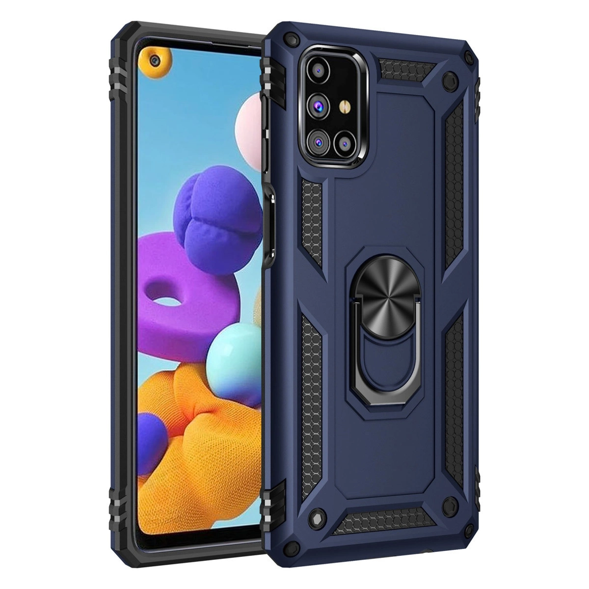 Halkalı ve kamera adası olan lacivert telefon kılıfı. Beyaz arka plan.