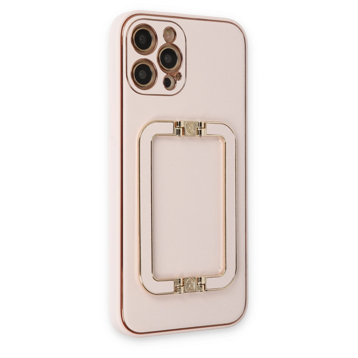 Üçlü kamerası ve altın halka tutucusu olan açık pembe iPhone kılıfı.
