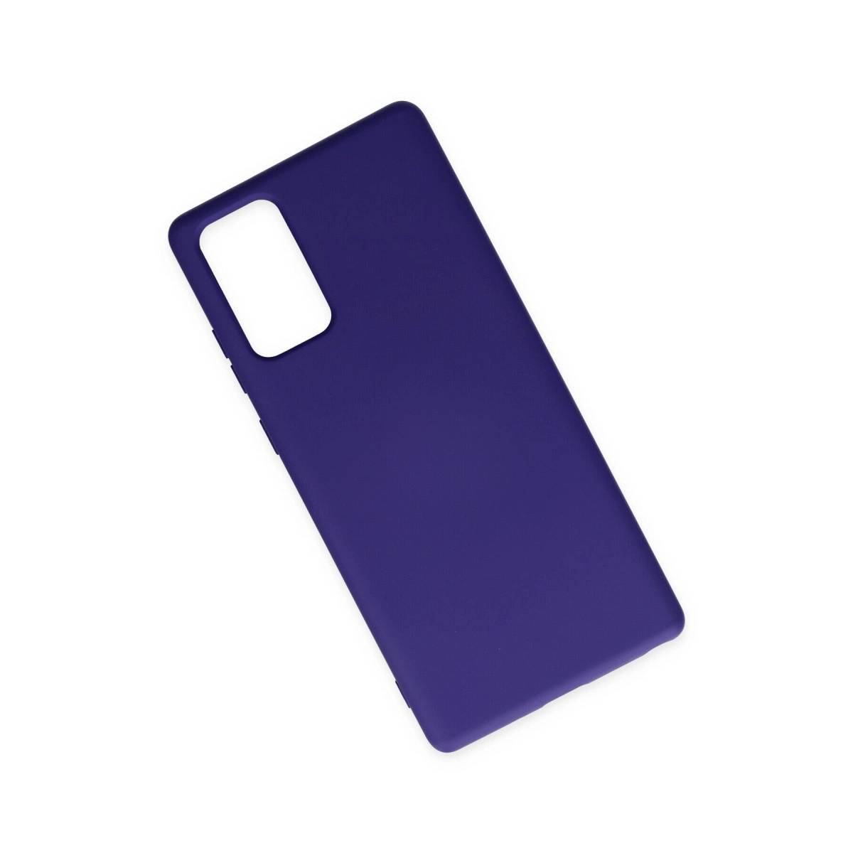 Kare kamera kesimli koyu mor telefon kılıfı beyaz zeminde duruyor.
