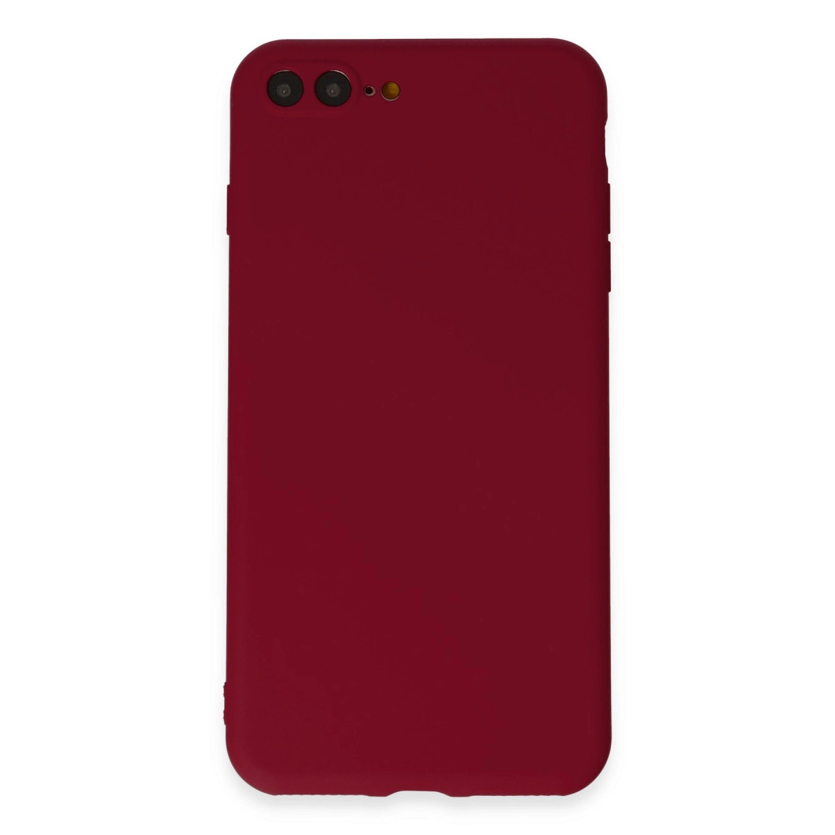 Sol üstte iki kamera lensli koyu kırmızı telefon kılıfı.
