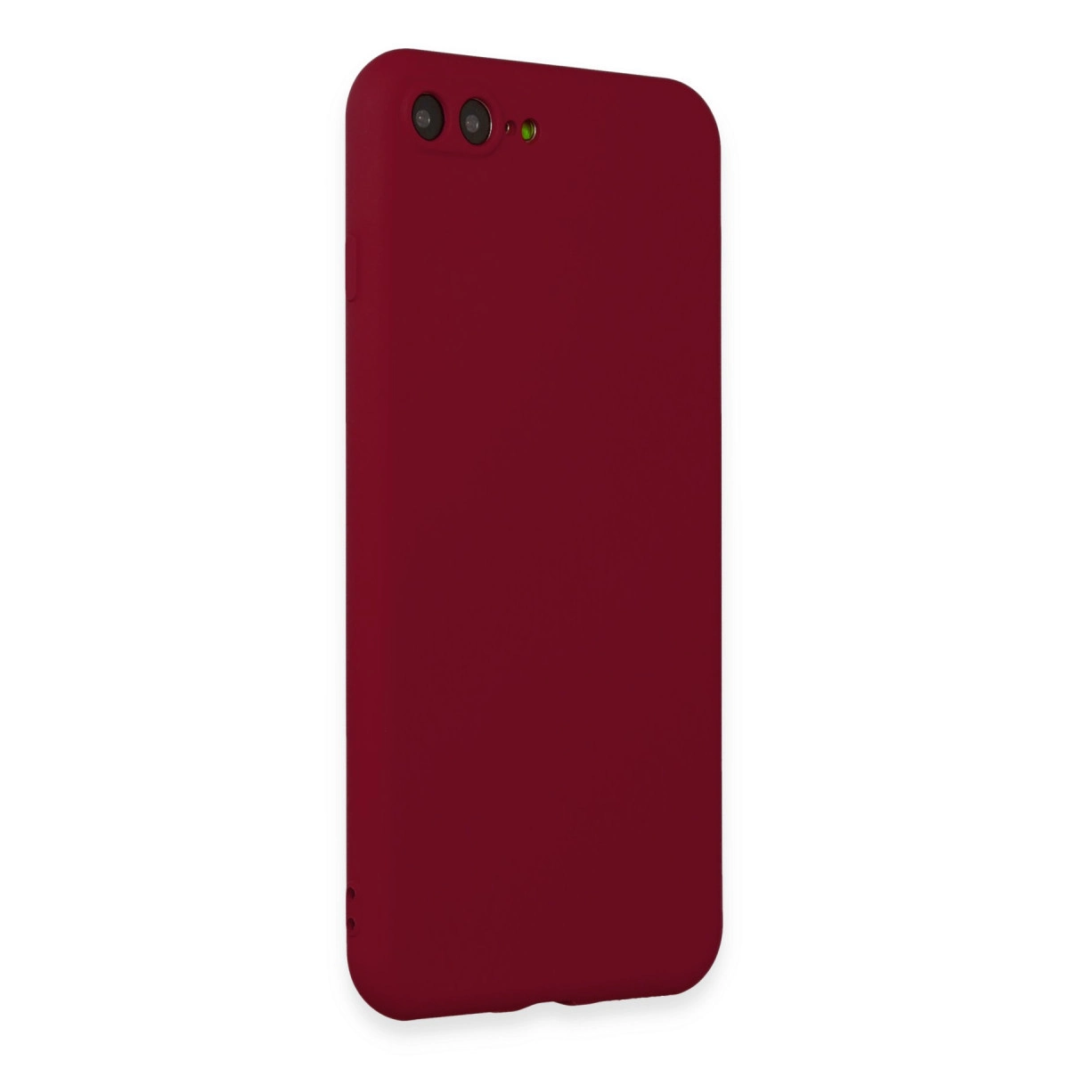 Üç kamera lensi ve flaşı olan koyu kırmızı telefon kılıfı.