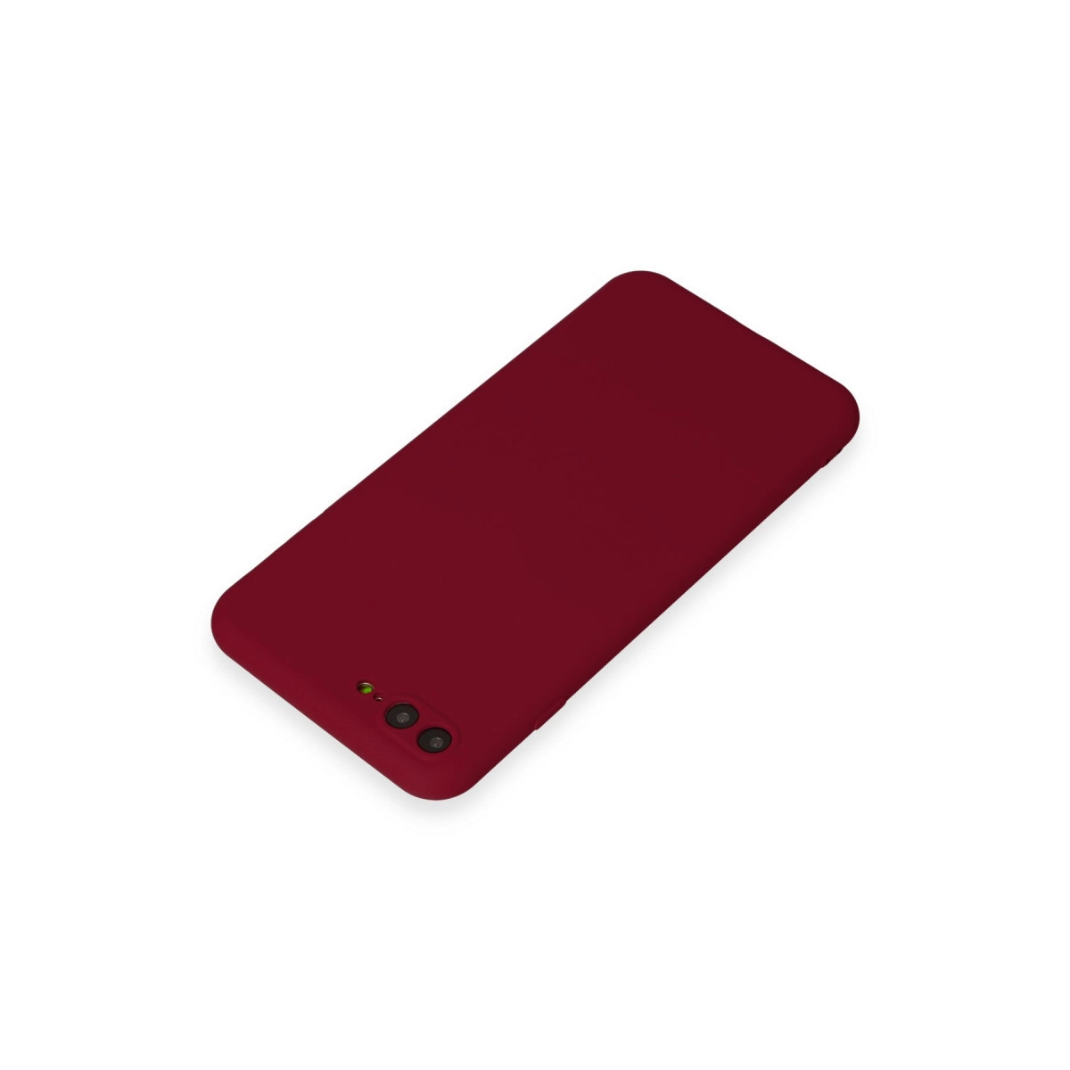 Kamera kesimli beyaz arka planda koyu kırmızı telefon kılıfı.
