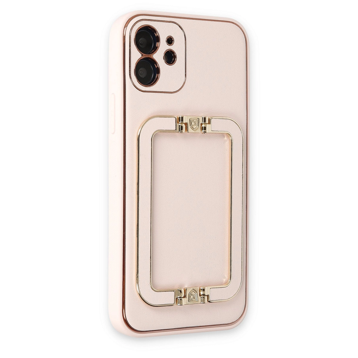 Pembe telefon kılıfı, çift kamera ve altın halka tutuculu.