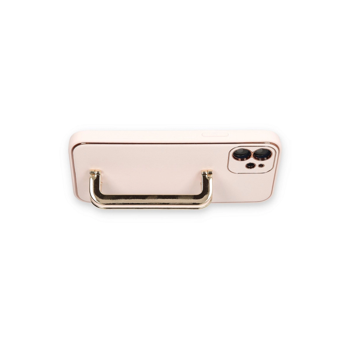 Altın kulplu, açık pembe telefon kılıfı ve kamera kesiği.