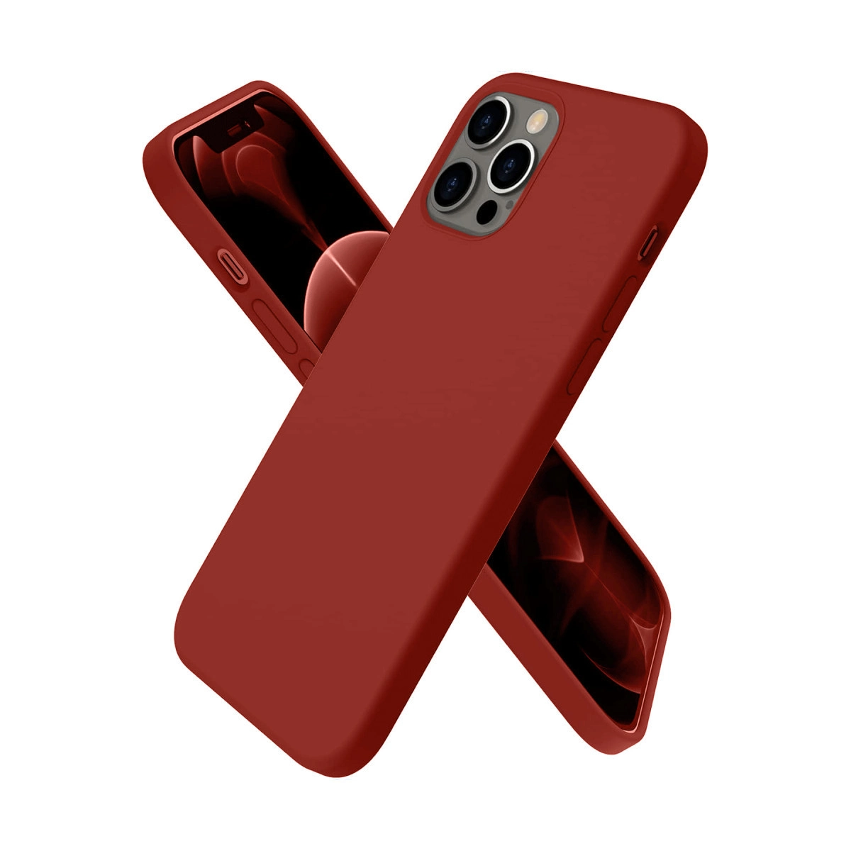 Kamera sistemli iki kırmızı telefon kılıfı, beyaz arka plan.