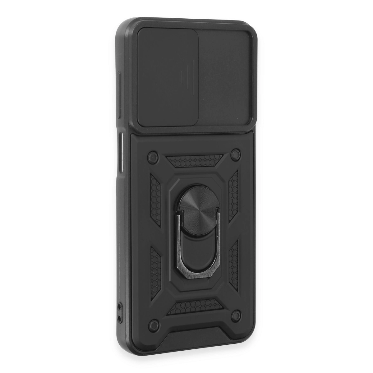 Kayar kapaklı ve halka tutuculu siyah telefon kılıfı.