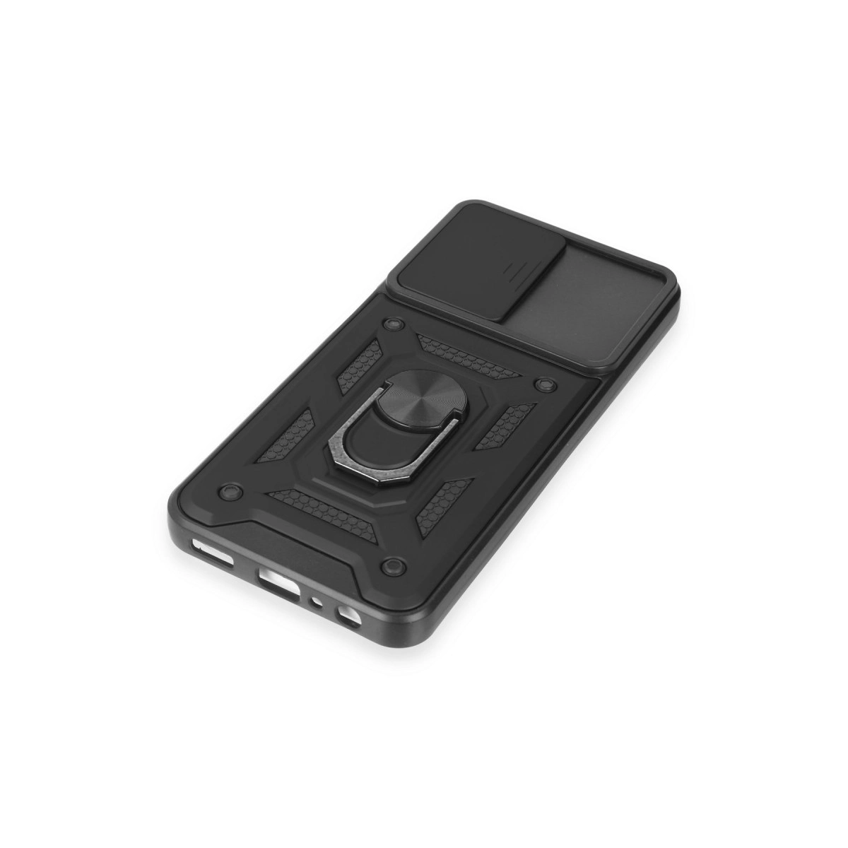 Halka tutuculu ve kaydırılabilir kamera kapaklı siyah telefon kılıfı.