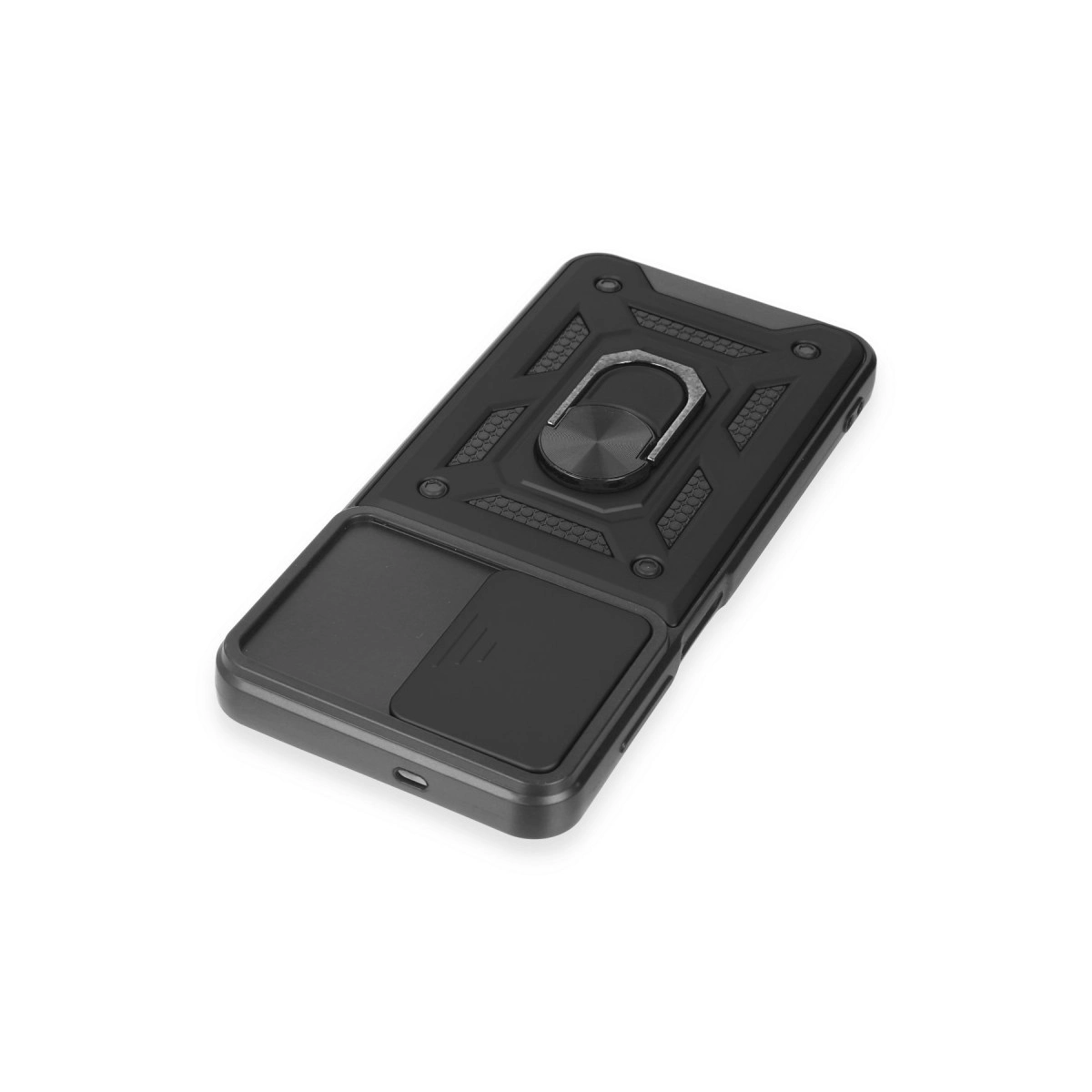 Halka tutuculu ve kayar bölmeli siyah telefon kılıfı, beyaz arka plan.