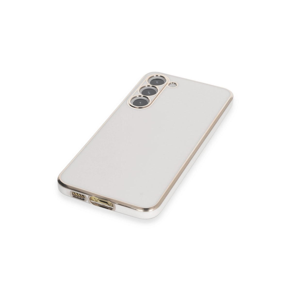 Üç kameralı, gümüş kenarlı açık gri telefon.