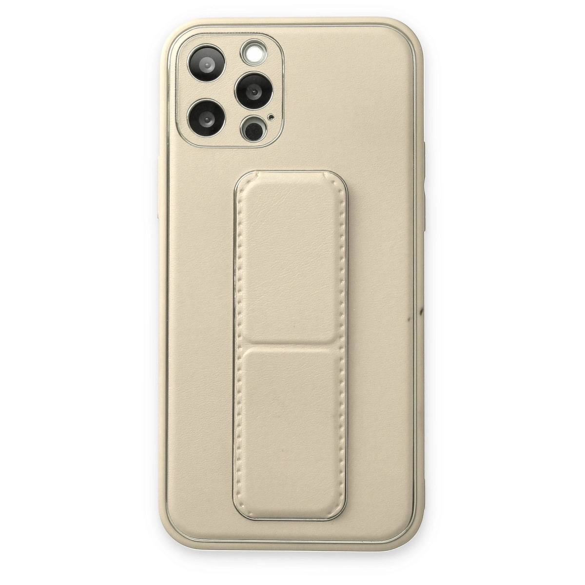 Entegre tutma yeri ve üçlü kameraya sahip bej iPhone kılıfı.