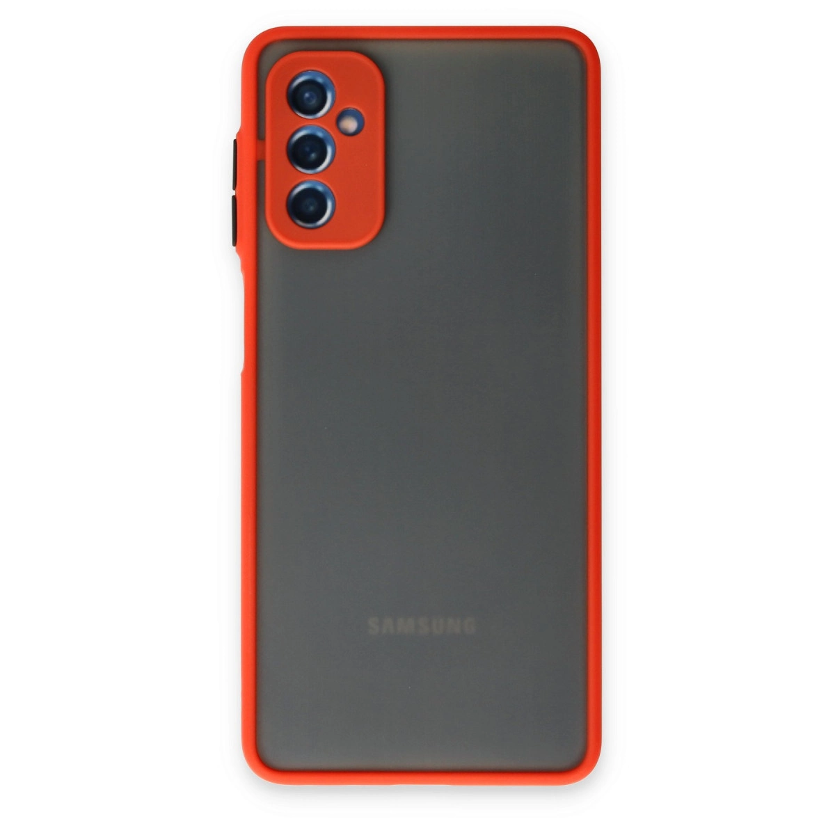 Kırmızı kenarlı ve kamera kesimli gri telefon kılıfı.