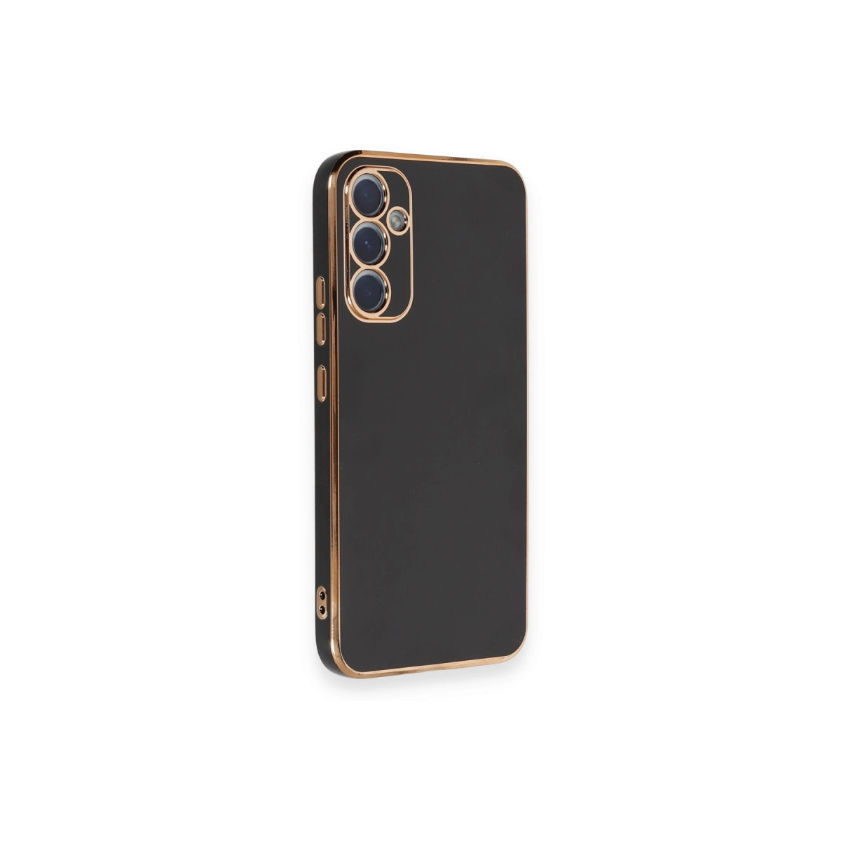 Altın kenarlı, üç kamera lensli siyah telefon kılıfı.