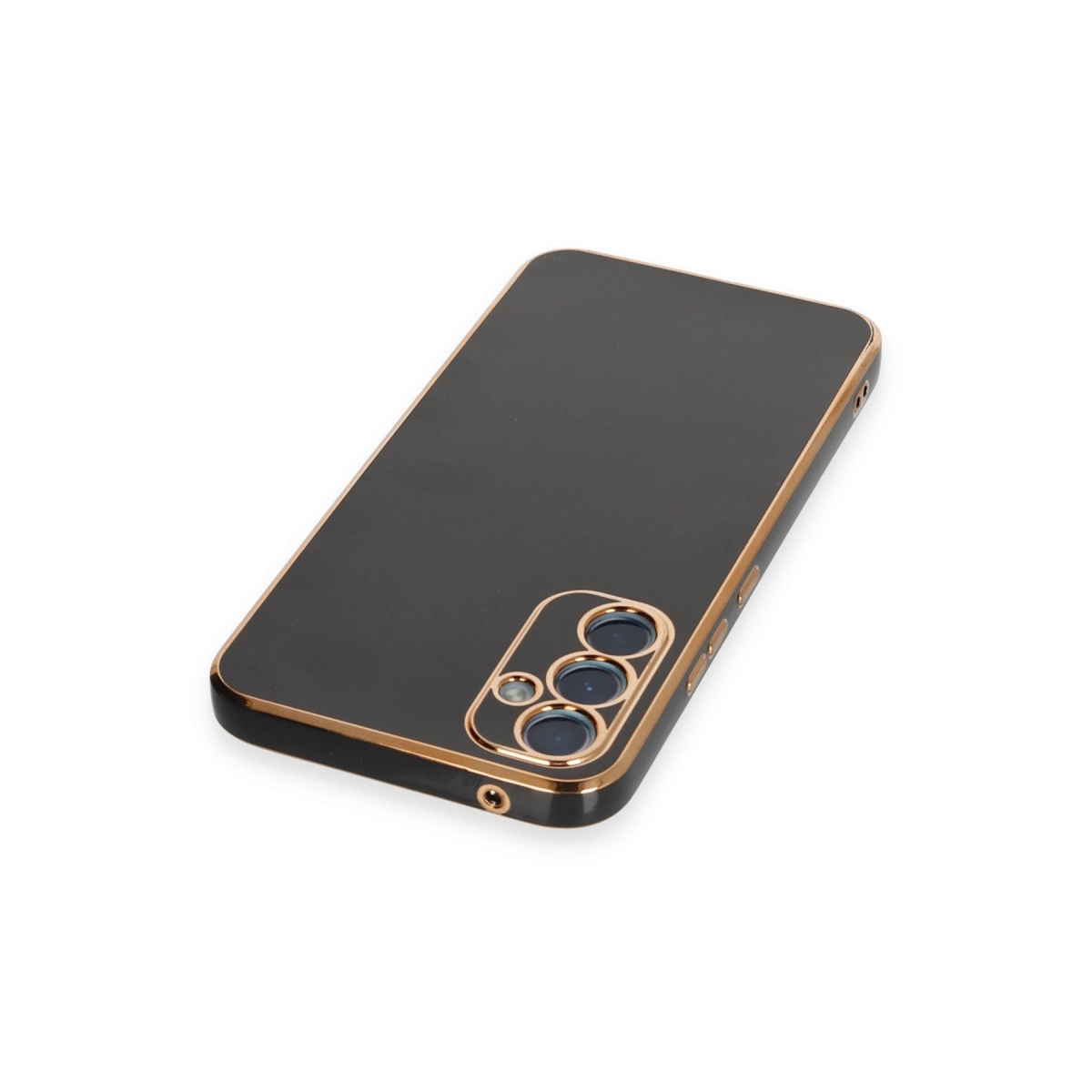 Altın kenarlı, üç kamera lensli siyah telefon kılıfı.