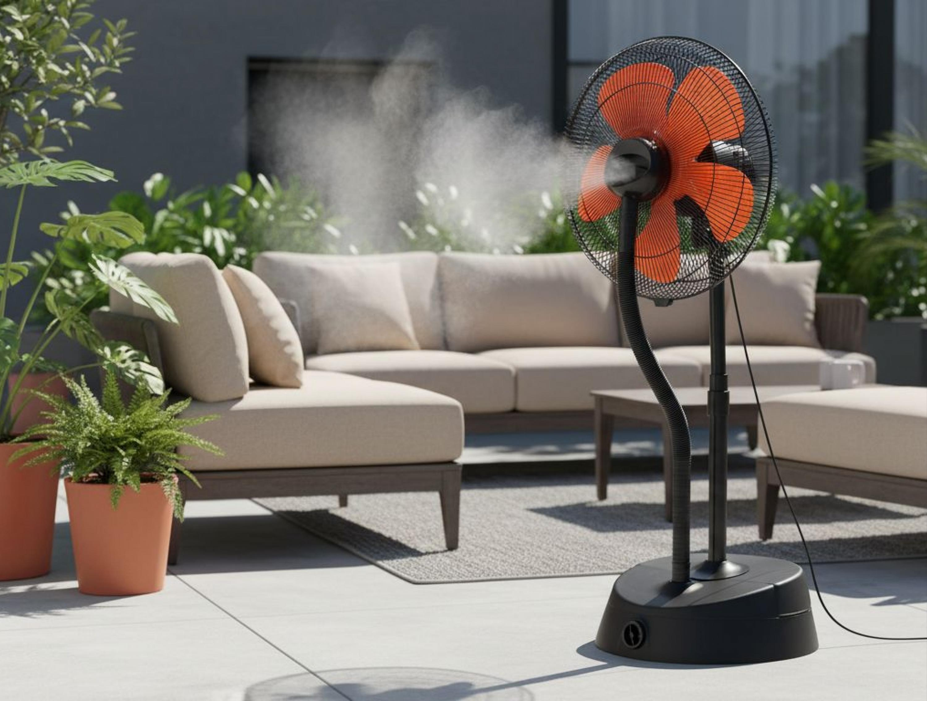 Ein oszillierender Ventilator versprüht Nebel auf einer Terrasse neben einem Sofa.